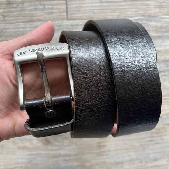 Levi Strauss Belt Leather Dark Brown Silver Square Buckle Name Logo 38/95 - Picture 7 of 10